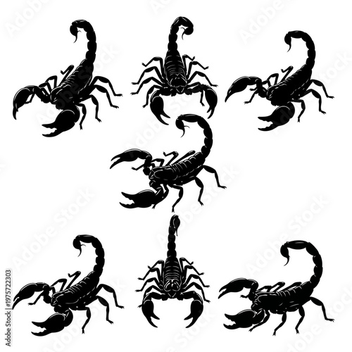 Black scorpion silhouette set, detailed arachnid vector icons, predatory desert insect illustrations, 7 scorpion elements for tattoo and logo design