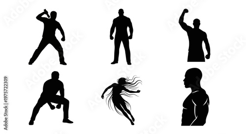 Athletic man silhouettes set, muscular male body figures in dynamic action poses, black vector icons of strong masculine characters and one female form