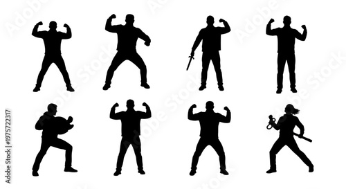 Strong man silhouettes set, muscular male bodybuilder figures in powerful poses, 8 athlete vector icons for fitness and bodybuilding design