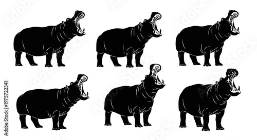 Black hippo silhouette collection, set of 6 hippopotamus icons with open mouths, wild african animal vector graphics for logo design