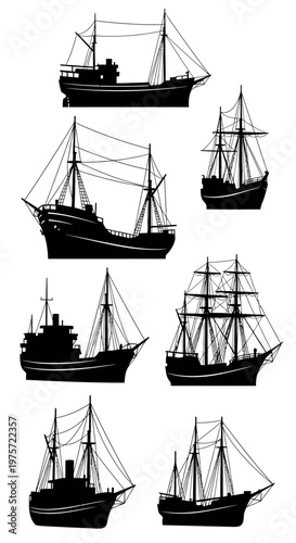Vintage sailing ship silhouettes set, antique wooden vessel icons, nautical maritime transport collection, 7 black vector boat illustrations