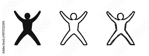 Person with arms raised icon set in solid, outline, and hand-drawn styles on a white background.