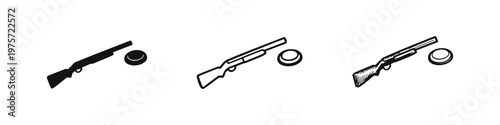 Clay Pigeon Shooting Icons Set with Shotgun and Target in Solid, Outline, and Hand-Drawn Styles
