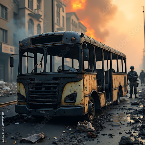 Burnt civilian bus on cratered street during city siege 2026.