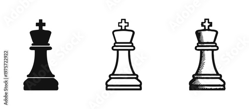 Chess King Piece Icons Set in Solid, Outline, and Hand-Drawn Styles for Strategy Board Games