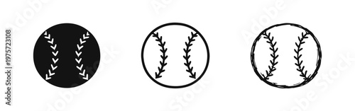 Baseball Ball Icons Set with Solid, Outline, and Hand-Drawn Styles for American Sports