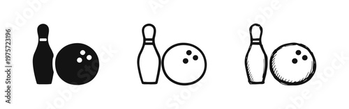 Bowling Pin and Ball Icons Set in Solid, Outline, and Hand-Drawn Styles for Leisure Sports