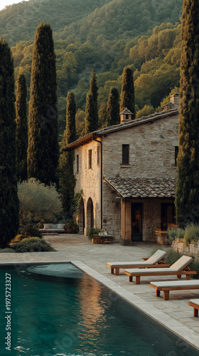 Stone villa nestled in cypress lined hills