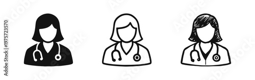 Female Doctor Icons Set with Stethoscope in Solid, Outline, and Hand-Drawn Styles
