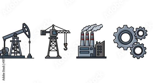 Industrial machinery and factory icons.