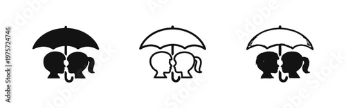 Family Protection Umbrella Icon Set. Man and woman heads under an umbrella symbol in various styles.