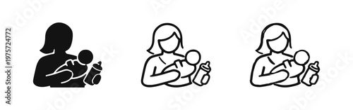 Mother and Baby Feeding Icon Set. Woman with infant and bottle in various styles.