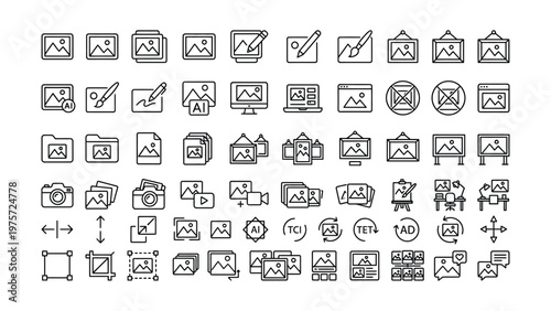 Set of 30 outline icons related to picture, image. Linear icon collection. Editable stroke. Vector illustration

