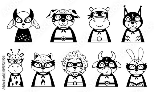 Cute Superhero Animals Doodle Clipart Set. Super Hero Characters Images in Black Color. Kids Hand Drawn Vector Illustrations.