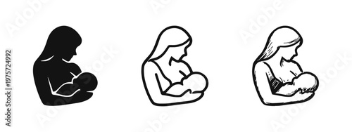 Mother breastfeeding baby icon set. Symbol of maternity, nursing, and infant care.
