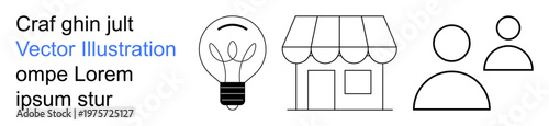 Innovation, entrepreneurship, teamwork, small business, creative ideas, networking. Minimalist light bulb, shop and human figures in line art. Innovation and entrepreneurship concept