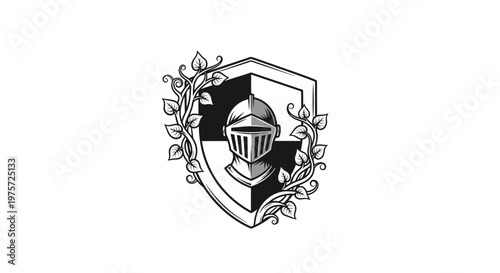 Medieval Knight Helmet on Shield with Floral Wreath Emblem