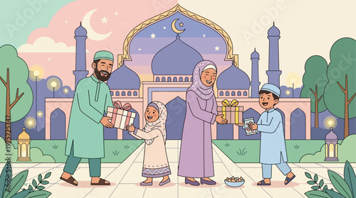 A heartwarming flat design illustration depicting a Muslim family celebrating Eid al Adha, exchanging gifts and sweets against a backdrop of a mosque and crescent moon.