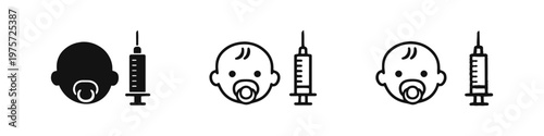 Baby Head with Pacifier and Syringe Icon Set - Newborn Vaccination and Immunization Symbol