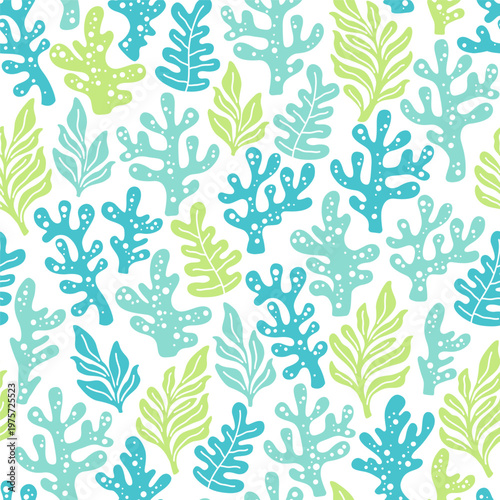Hand drawn seamless pastel marine pattern with stylized corals, playful ocean themed boho background with pastel turquoise, light green and soft blue decorative elements on white background