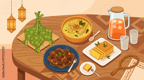 A delightful flat design illustration showcasing a festive spread of traditional Eid al Adha foods like dates, biryani, and sweets, accompanied by cultural elements. 