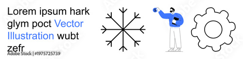 Technology, innovation, process visualization, teamwork, creative design, functionality. A snowflake and gear icons with a person holding an object. Technology and innovation concept