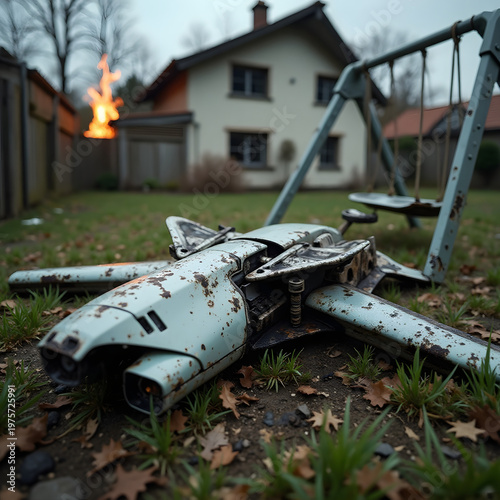 Crashed suicide drone in a destroyed residential garden 2026.