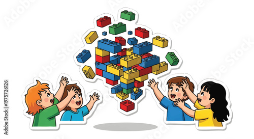 Children playing with colorful blocks together happily