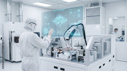 Semiconductor factory modern white production concept. A scientist works with robotic arms in a modern laboratory.