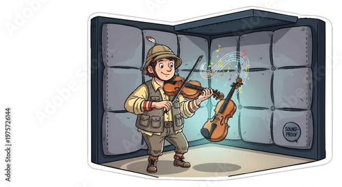 Cartoon soldier playing violin in room with broken cello