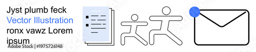 Business correspondence, teamwork, communication, collaboration, sharing, efficiency. Features a document stack, two stick figure people and an envelope with a notification icon. Business