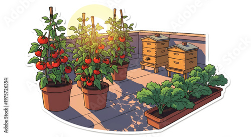 Urban garden with potted plants and beehives on rooftop