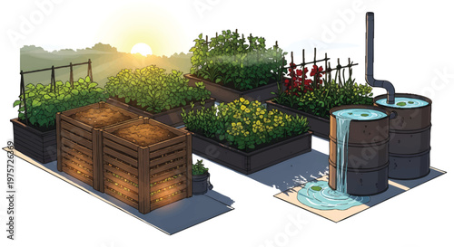 rainwater harvesting system in garden with wooden barrels and plants