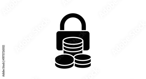 Black and white padlock icon protecting stacked coins on a white background