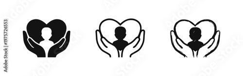 Child Protection and Care Icons Set - Hands Cradling a Baby in a Heart