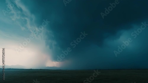 Dark storm clouds gathering over an open field with a powerful lightning bolt illuminating the intense weather, creating a dramatic and energetic atmosphere across the natural landscape