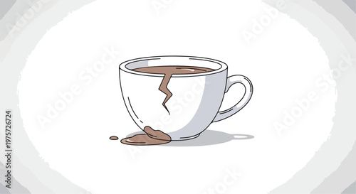 Cracked White Ceramic Coffee Cup with Spilled Brown Liquid Vector