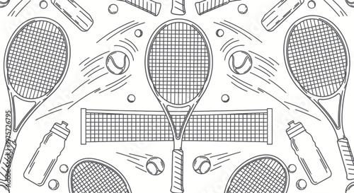 Tennis rackets and balls illustration.
