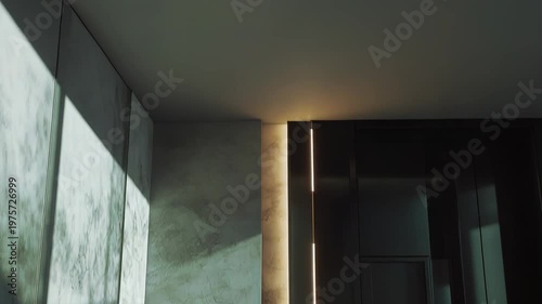 Modern luxury lobby interior showcasing a plant in a tall planter, textured marble walls, sleek dark panels, ambient strip lighting, and sun reflection on a polished floor