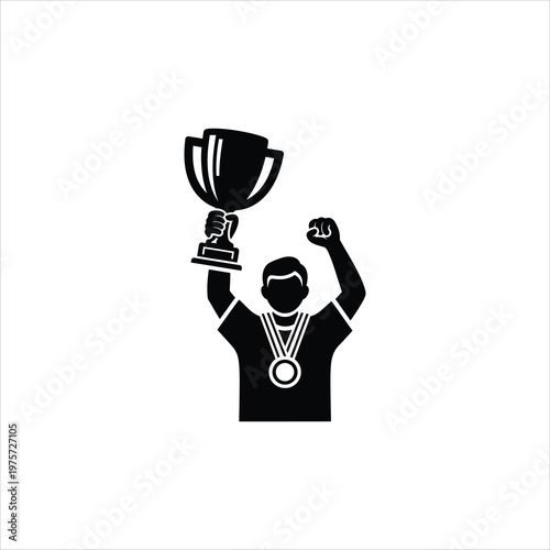 Celebratory winner holding trophy aloft with medal around neck during victory celebration Vector Illustration Isolated on white background