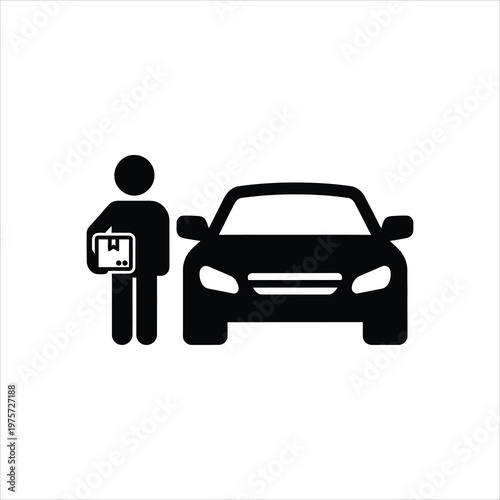 Delivery person holding package standing beside car for logistics and transportation concept Vector Illustration Isolated on white background
