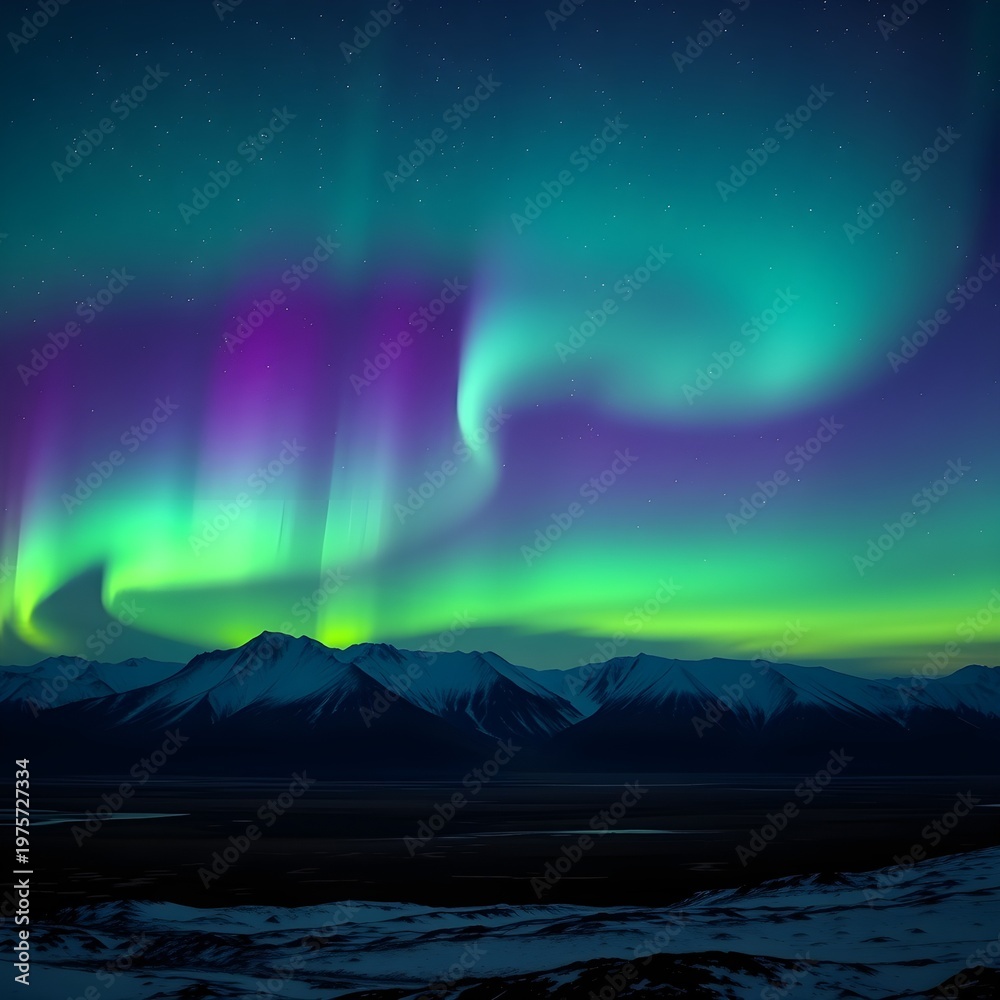 Obraz premium Northern Lights Aurora Borealis Snowy Mountains Starry Night Sky Vibrant