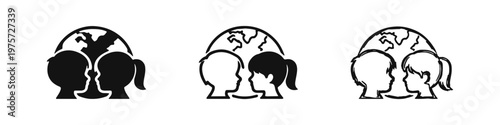 Global Children and Diversity Icons. World Youth Population and Unity Vector Set with Kids Heads and Globe