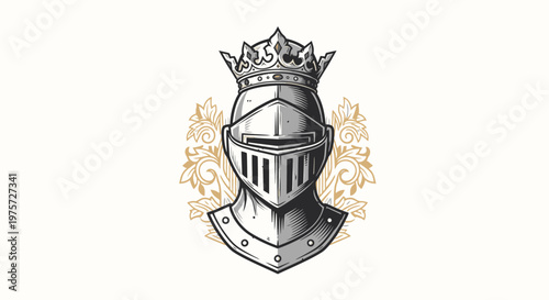 Medieval Knight Helmet with Crown, Vintage Heraldry Illustration