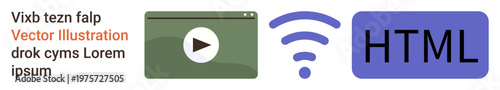 Web development, online streaming, internet access, coding, communication, multimedia. A video play icon, wireless signal and HTML symbol. Online streaming and web development concepts