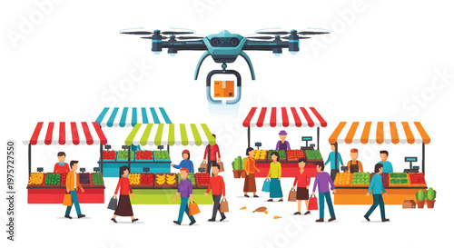 Drone delivering food at outdoor market with colorful stalls