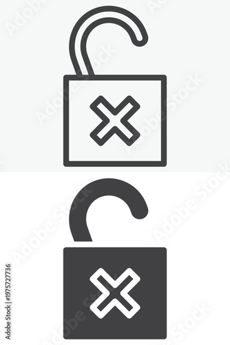 Open lock with cross icon for rejection in line and solid style. Outline and solid icon, editable stroke vector sign symbol. Denied lock icon.