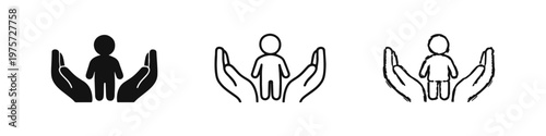 Hands Protecting Child Icons. Child Care, Safety and Parenting Support Vector Set for Love and Future