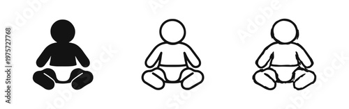 Sitting Baby with Diaper Icons. Infant Child Vector Set for Newborn Care, Innocence and Development