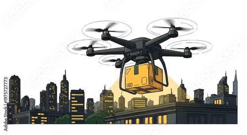 Drone delivering package over cityscape at sunset